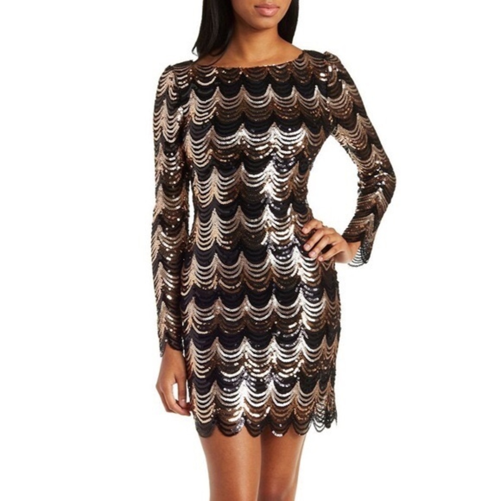 Black and silver scalloped sequin dress